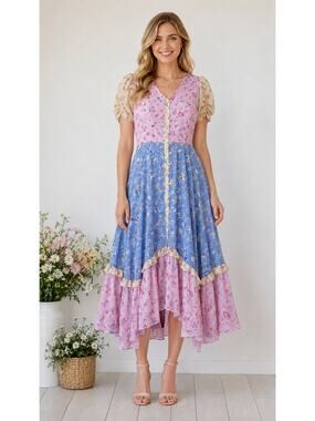 Evie Short Sleeve Floral Patchwork Midi Dress Pink Blue Women Size Large Cottage
